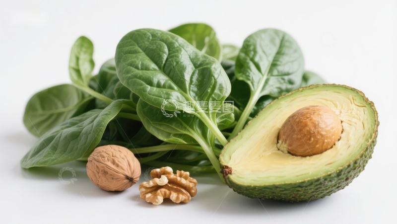高清大图下载【趣麦麦图】新鲜牛油果、核桃与菠菜的组合