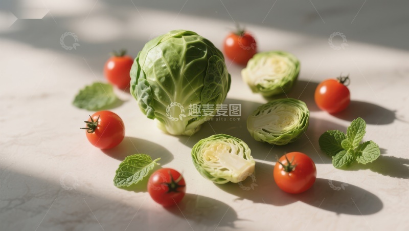 高清大图下载【趣麦麦图】新鲜蔬菜组合：卷心菜与樱桃番茄