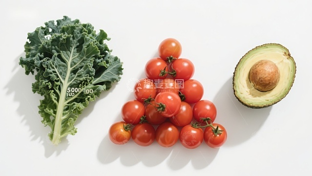 新鲜蔬菜组合：羽衣甘蓝、樱桃番茄和牛油果