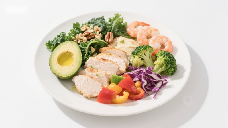 高清大图下载【趣麦麦图】健康沙拉配烤鸡胸肉和虾仁