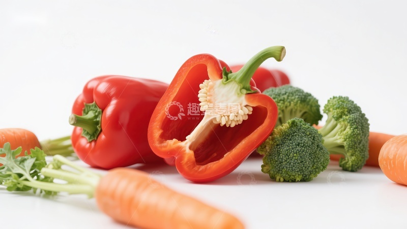 高清大图下载【趣麦麦图】新鲜蔬菜组合：红椒、西兰花与胡萝卜
