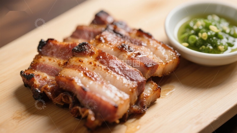 高清大图下载【趣麦麦图】烤肉配青椒酱，木盘呈现