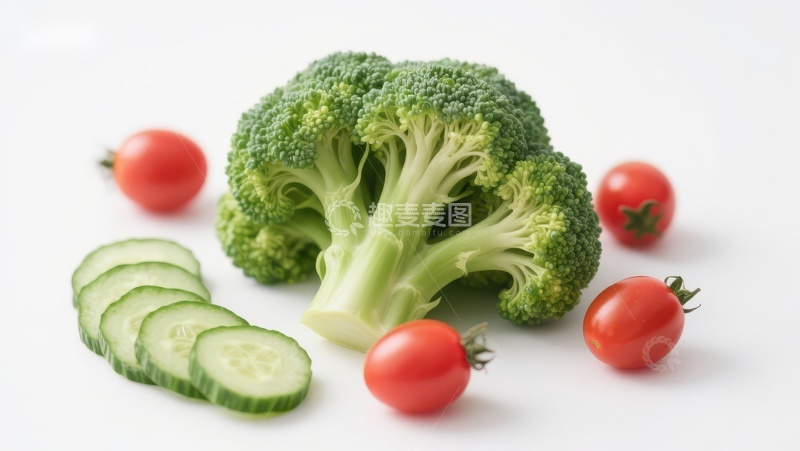 高清大图下载【趣麦麦图】新鲜蔬菜组合：西兰花、樱桃番茄和黄瓜片