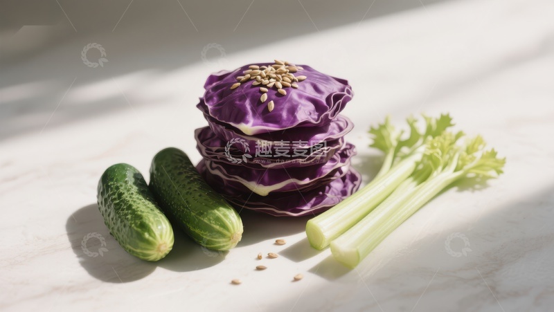高清大图下载【趣麦麦图】新鲜蔬菜组合：紫甘蓝、黄瓜与芹菜