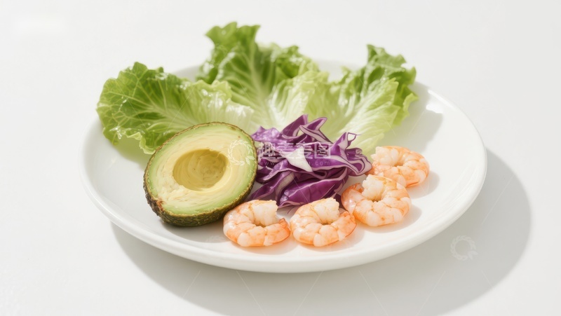 高清大图下载【趣麦麦图】新鲜食材组合：虾仁、牛油果、紫甘蓝与生菜