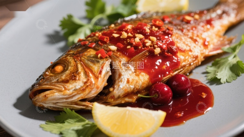 高清大图下载【趣麦麦图】香辣烤鱼配柠檬与樱桃