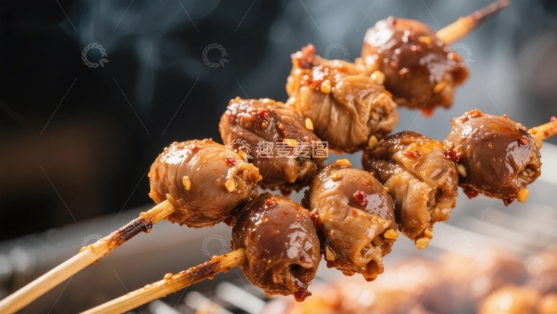 高清大图下载【趣麦麦图】美味烤串上的酱汁鸡胗