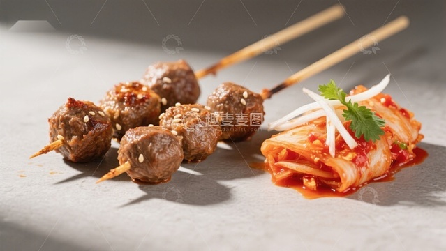 烤肉串配泡菜，美味韩式料理