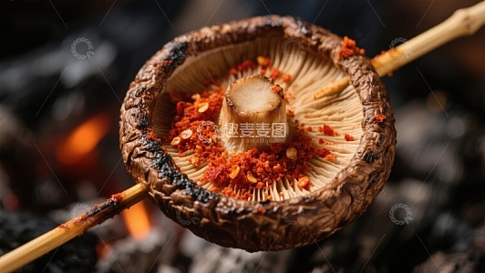 烤蘑菇串上的香料特写