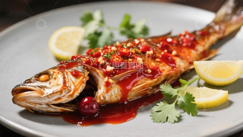 高清大图下载【趣麦麦图】香辣烤鱼配柠檬与香菜
