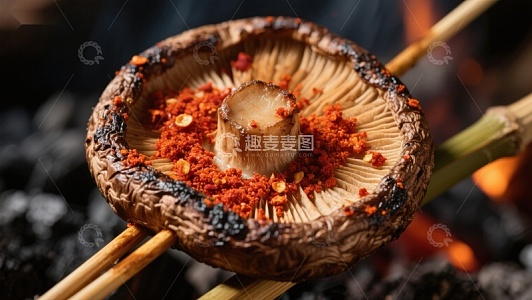 烤蘑菇撒辣椒粉特写