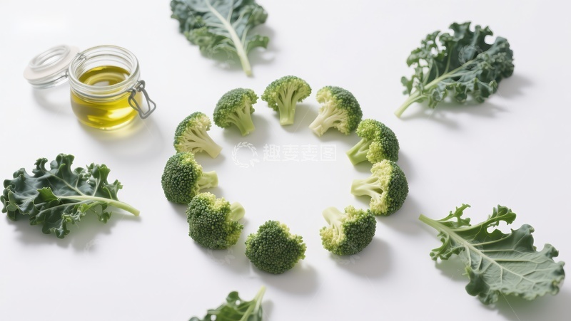 高清大图下载【趣麦麦图】新鲜西兰花与羽衣甘蓝环绕橄榄油