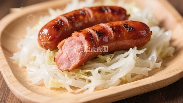 烤香肠配酸菜，木盘盛装