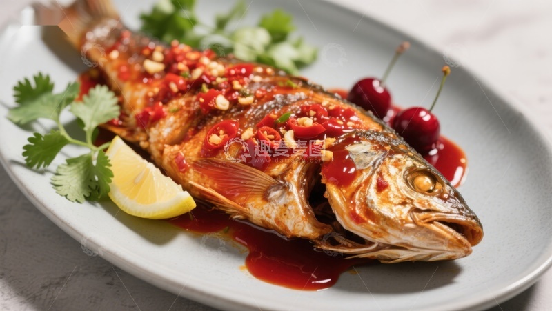 高清大图下载【趣麦麦图】香辣烤鱼配樱桃与柠檬