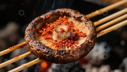 烤蘑菇串上的辣椒碎