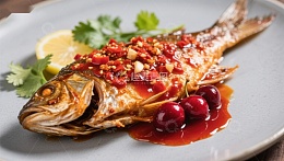 香辣鱼料理，配以柠檬与樱桃