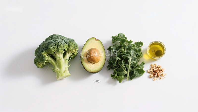 高清大图下载【趣麦麦图】健康食材：西兰花、牛油果、羽衣甘蓝、橄榄油与坚果