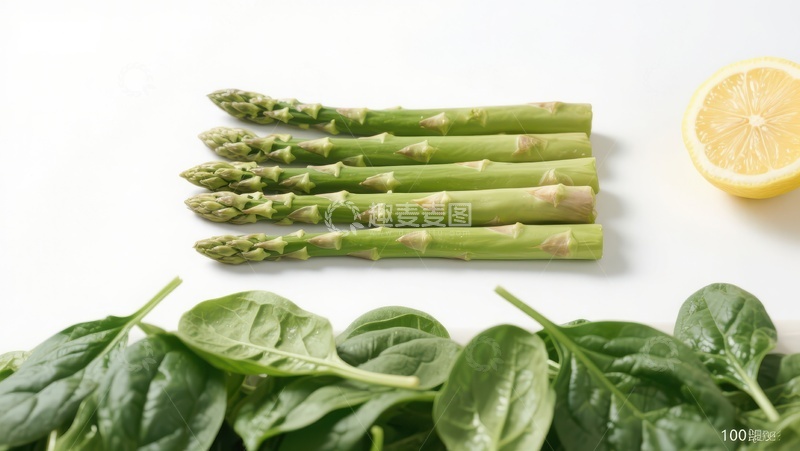 高清大图下载【趣麦麦图】新鲜芦笋与菠菜柠檬的组合