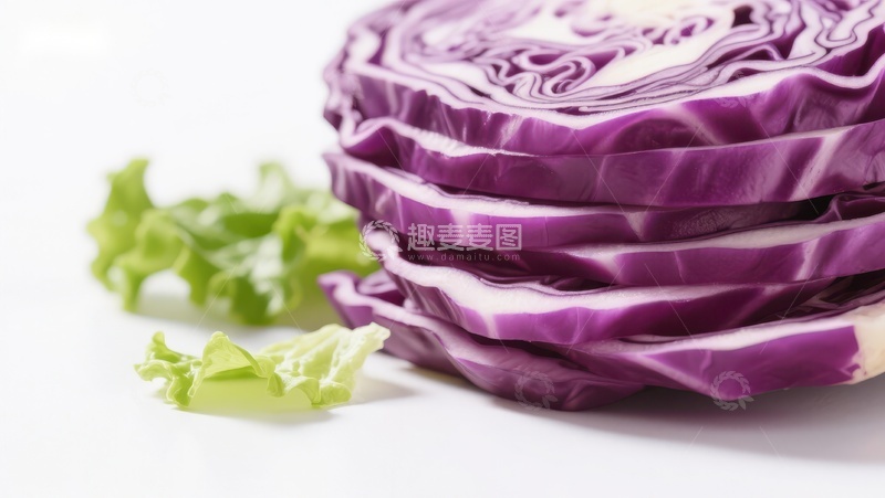 高清大图下载【趣麦麦图】新鲜紫甘蓝切片与绿叶