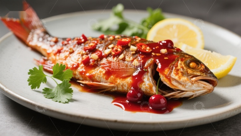 高清大图下载【趣麦麦图】香辣红烧鱼配柠檬与香菜