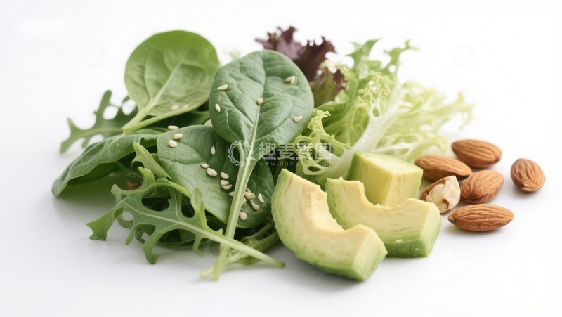 高清大图下载【趣麦麦图】新鲜绿叶蔬菜与牛油果杏仁组合
