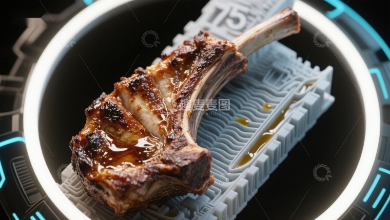 高清大图下载【趣麦麦图】科技感烤肉架上的美味羊排