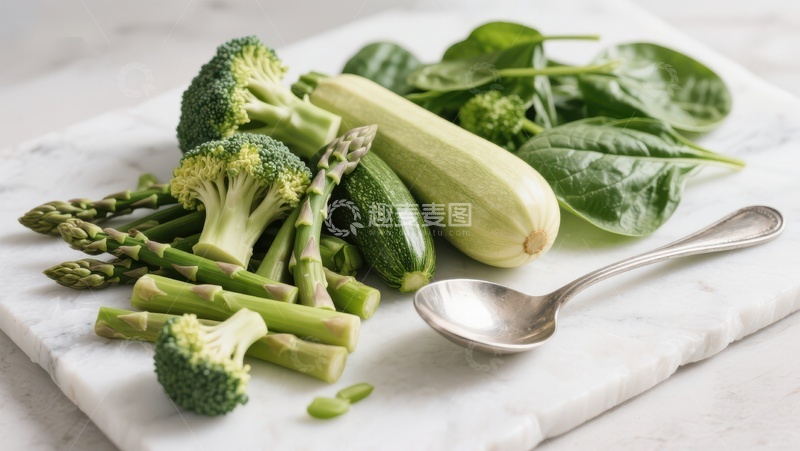 高清大图下载【趣麦麦图】新鲜绿色蔬菜与银勺摆放