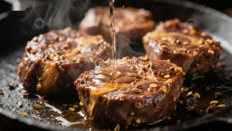 高清大图下载【趣麦麦图】煎锅中的香料牛肉，热油浇灌
