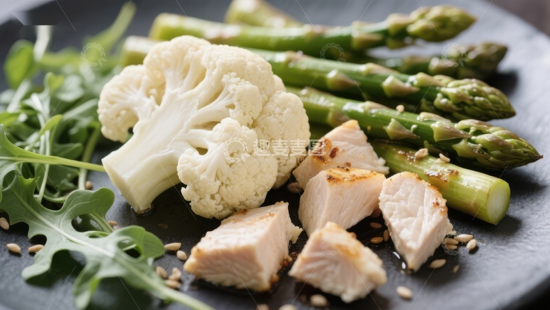 高清大图下载【趣麦麦图】鸡胸肉配花椰菜与芦笋的健康餐
