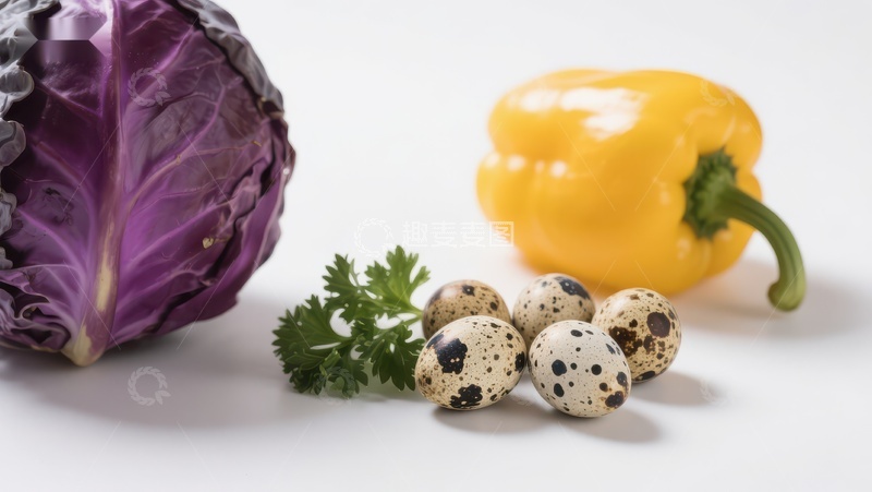 高清大图下载【趣麦麦图】紫甘蓝、黄椒与鹌鹑蛋的静物组合