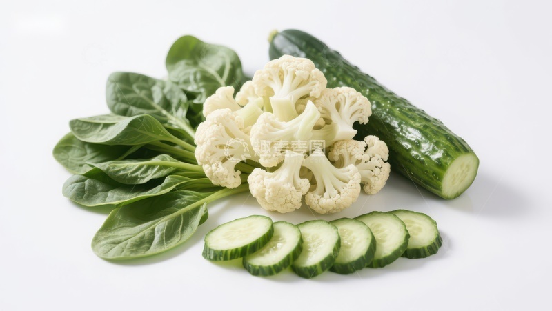 高清大图下载【趣麦麦图】新鲜蔬菜组合：花椰菜、黄瓜与菠菜