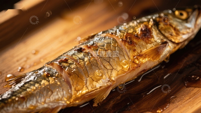 高清大图下载【趣麦麦图】烤鱼特写：金黄酥脆的美味