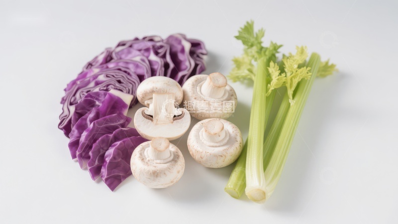 高清大图下载【趣麦麦图】新鲜蔬菜组合：紫甘蓝、蘑菇与芹菜