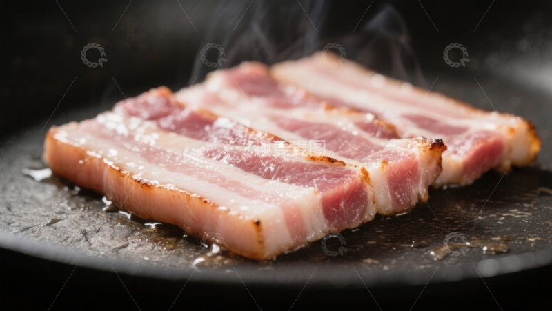 高清大图下载【趣麦麦图】煎锅中的培根条，热气腾腾