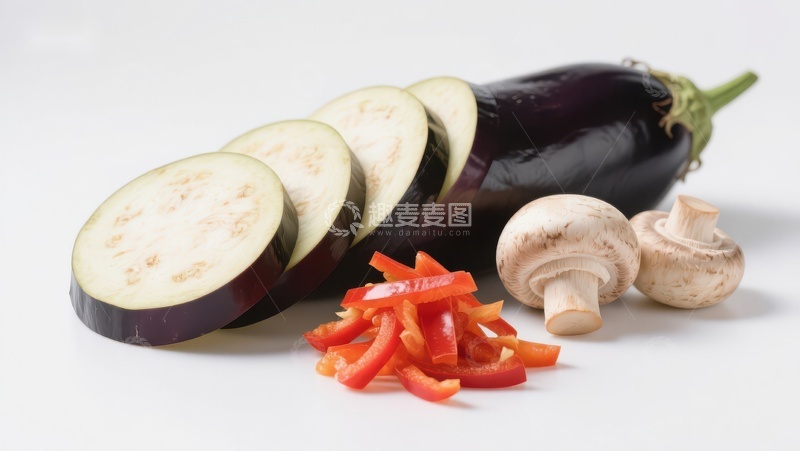 高清大图下载【趣麦麦图】切片茄子、蘑菇与红椒