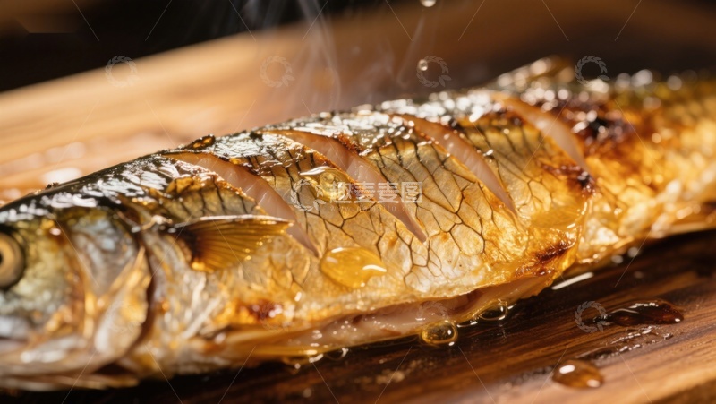 高清大图下载【趣麦麦图】烤鱼特写：金黄酥脆，热气腾腾
