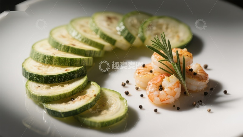 高清大图下载【趣麦麦图】精致盘中的虾仁与切片黄瓜