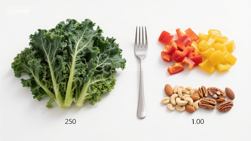 高清大图下载【趣麦麦图】健康食材对比：羽衣甘蓝、坚果与彩椒