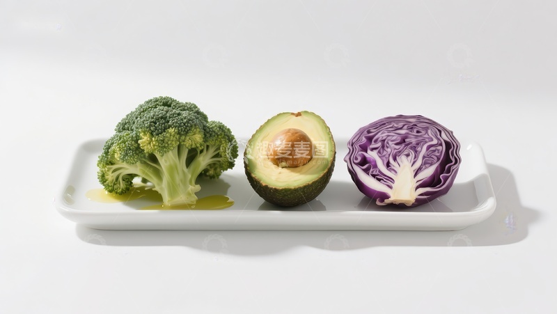 高清大图下载【趣麦麦图】西兰花、牛油果与紫甘蓝的静物组合