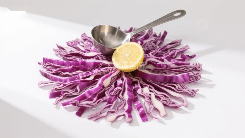 高清大图下载【趣麦麦图】紫甘蓝切丝与柠檬片及勺子的组合