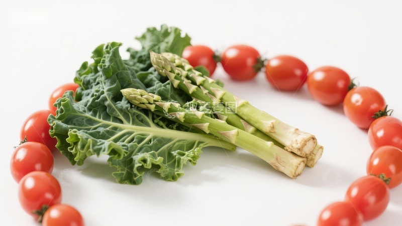 高清大图下载【趣麦麦图】新鲜蔬菜组合：羽衣甘蓝、芦笋与樱桃番茄