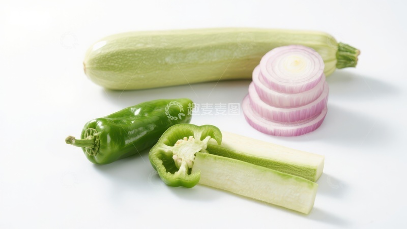 高清大图下载【趣麦麦图】新鲜蔬菜组合：西葫芦、青椒与洋葱