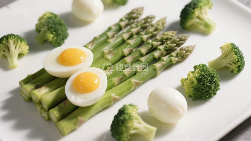 高清大图下载【趣麦麦图】芦笋配水煮蛋与西兰花的健康美食