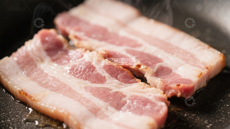 高清大图下载【趣麦麦图】煎锅中的培根正在烹饪