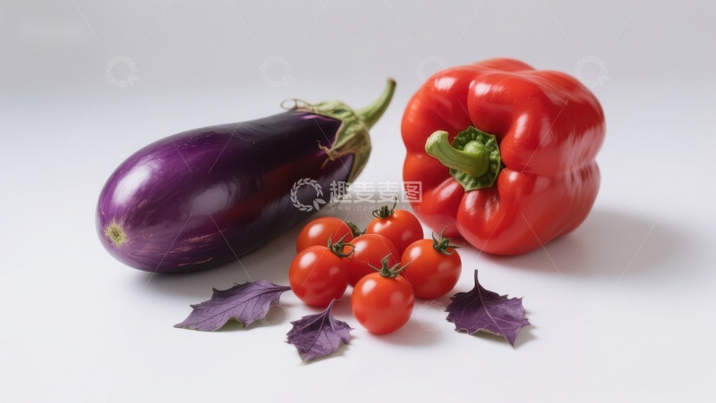 高清大图下载【趣麦麦图】茄子、红椒与樱桃番茄的静物组合
