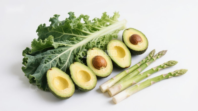 高清大图下载【趣麦麦图】新鲜绿叶蔬菜与牛油果、芦笋组合