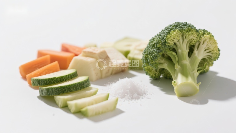 高清大图下载【趣麦麦图】新鲜蔬菜切块与盐粒