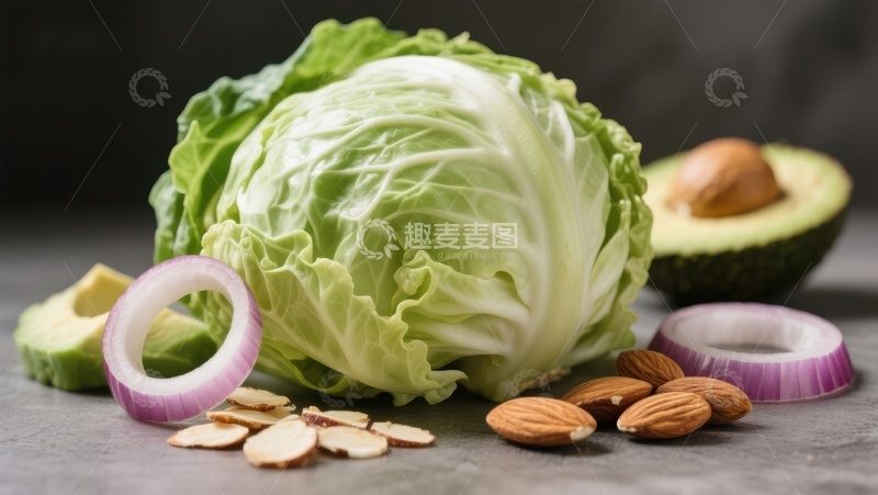 高清大图下载【趣麦麦图】新鲜卷心菜与鳄梨、洋葱和杏仁的组合