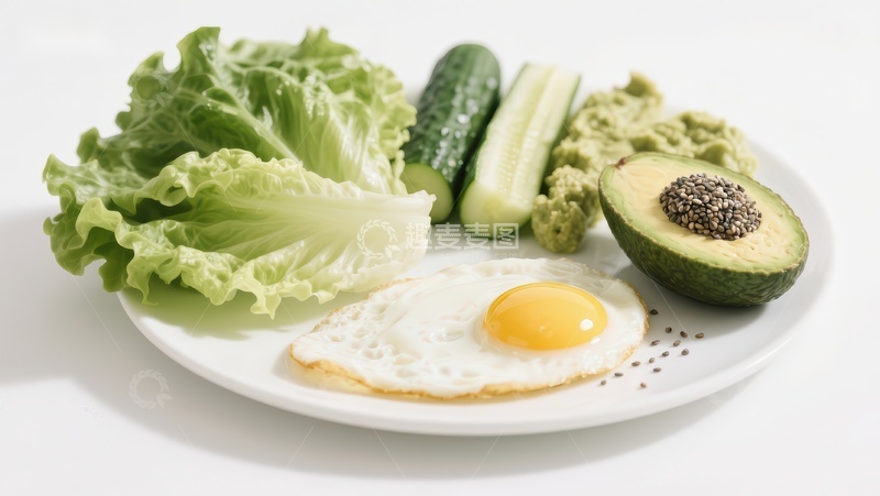 高清大图下载【趣麦麦图】健康早餐：煎蛋、生菜、黄瓜和牛油果