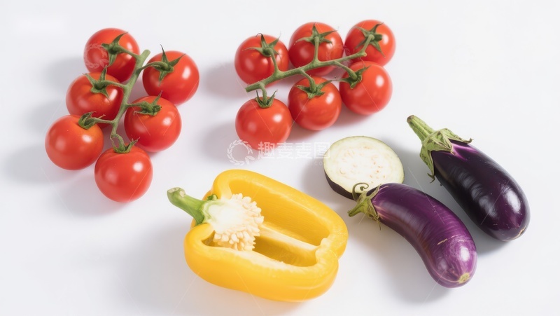 高清大图下载【趣麦麦图】新鲜蔬菜组合：番茄、甜椒与茄子